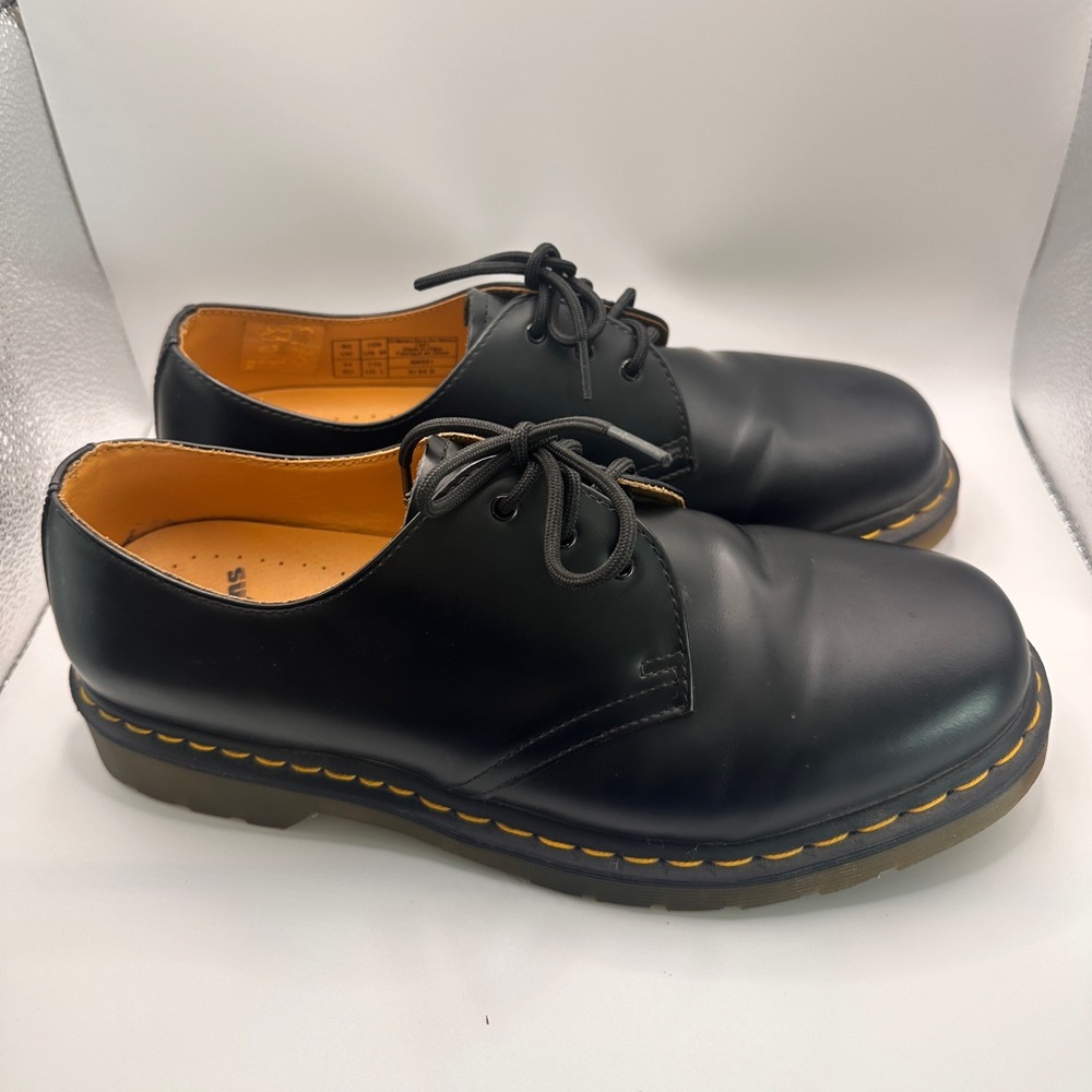 Dr. Martens Black Leather 3-Eye Derby Shoes with Yellow Stitching